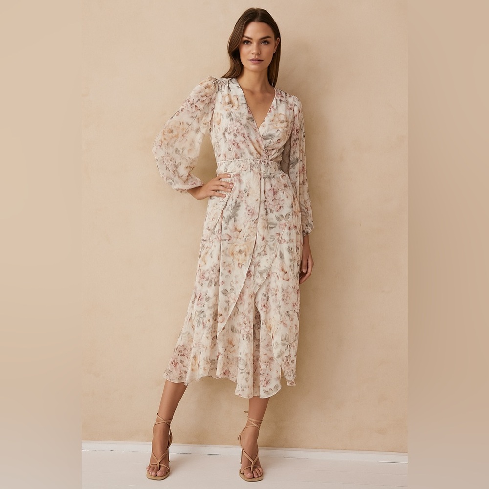 Ever New Floral Midi Dress Long Sleeve Feminine Chiffon Flowy Boho Chic small
